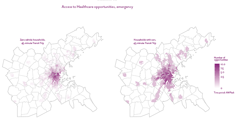 Figure 19 is a map that shows the number of emergency healthcare opportunities accessible within a 45-minute public transit trip for zero-vehicle households and households with a vehicle in the Boston region.